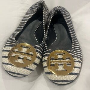 Tory Burch Navy and White Striped Flats with Gold Emblem